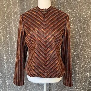 Vintage Due Per Due Striped Faux Leather Textured Full Zip Jacket Y2K Women's 8